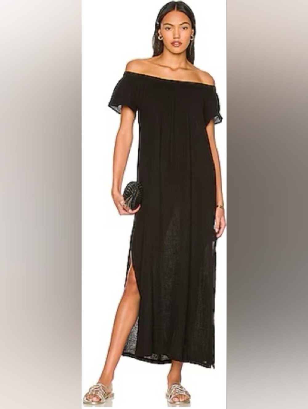 Seafolly Australia Black Crinkle Cotton Off Shoulder Beach Cover Up Dress Small